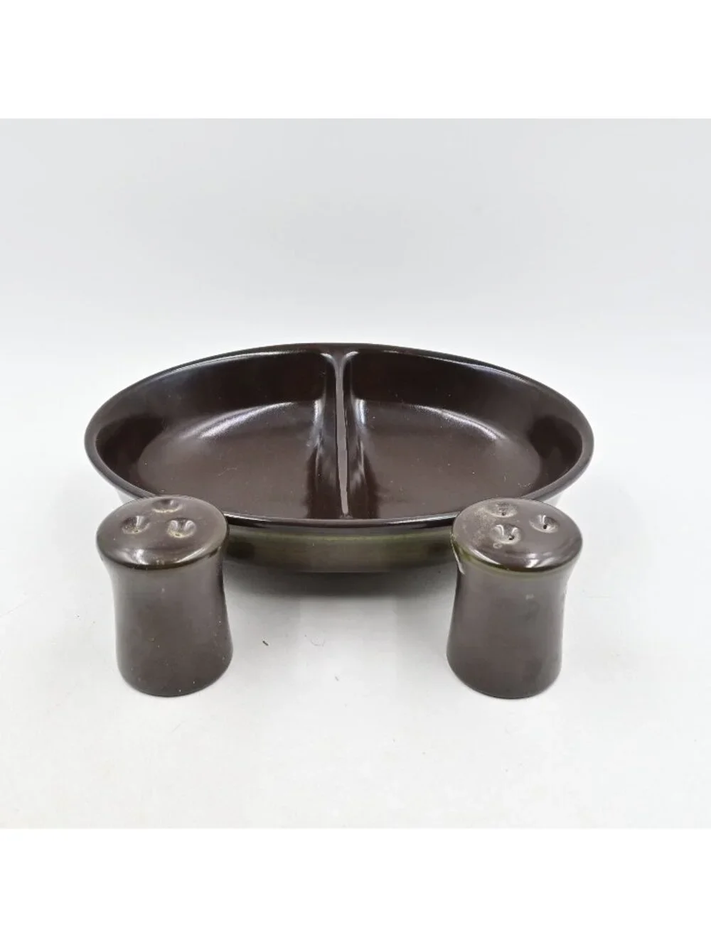 Franciscan Madeira Brown Ceramic Divided Vegetable Bowl & Salt Pepper Shakers